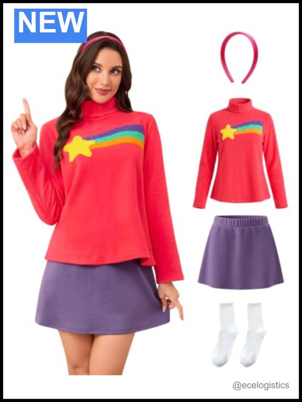 4PC Cosplay Costume Rainbow Star Fleece Sweatshirt Skirt Set Halloween